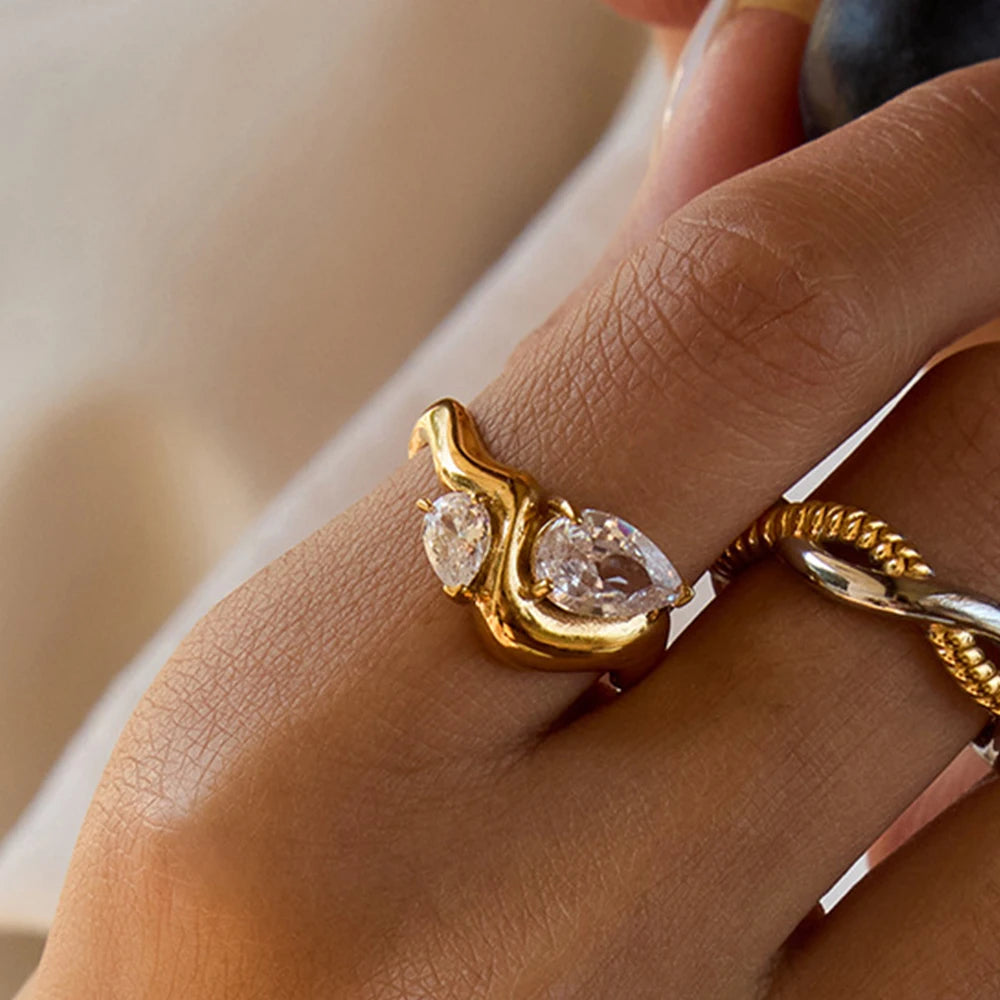 Minimalist 18K Gold Color Plated Stainless Steel Zircon Ring Twistable Stackable Ring