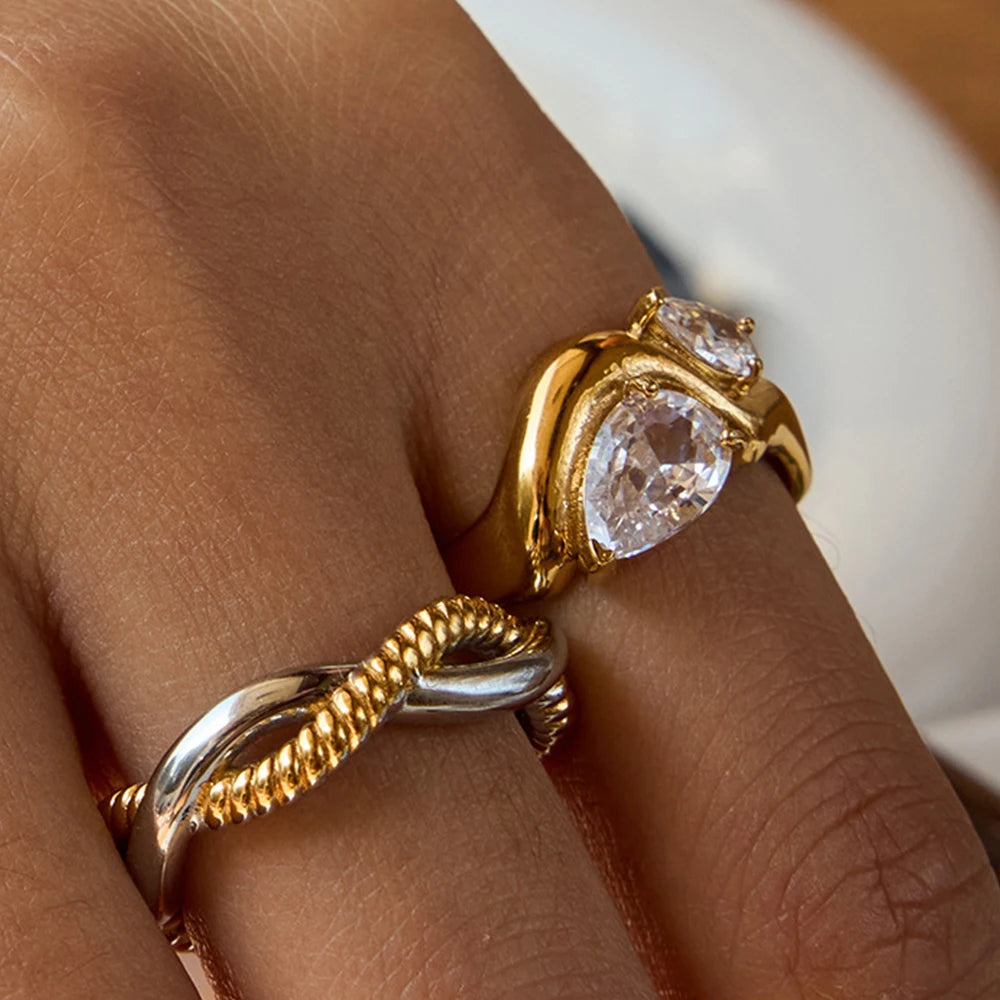 Minimalist 18K Gold Color Plated Stainless Steel Zircon Ring Twistable Stackable Ring