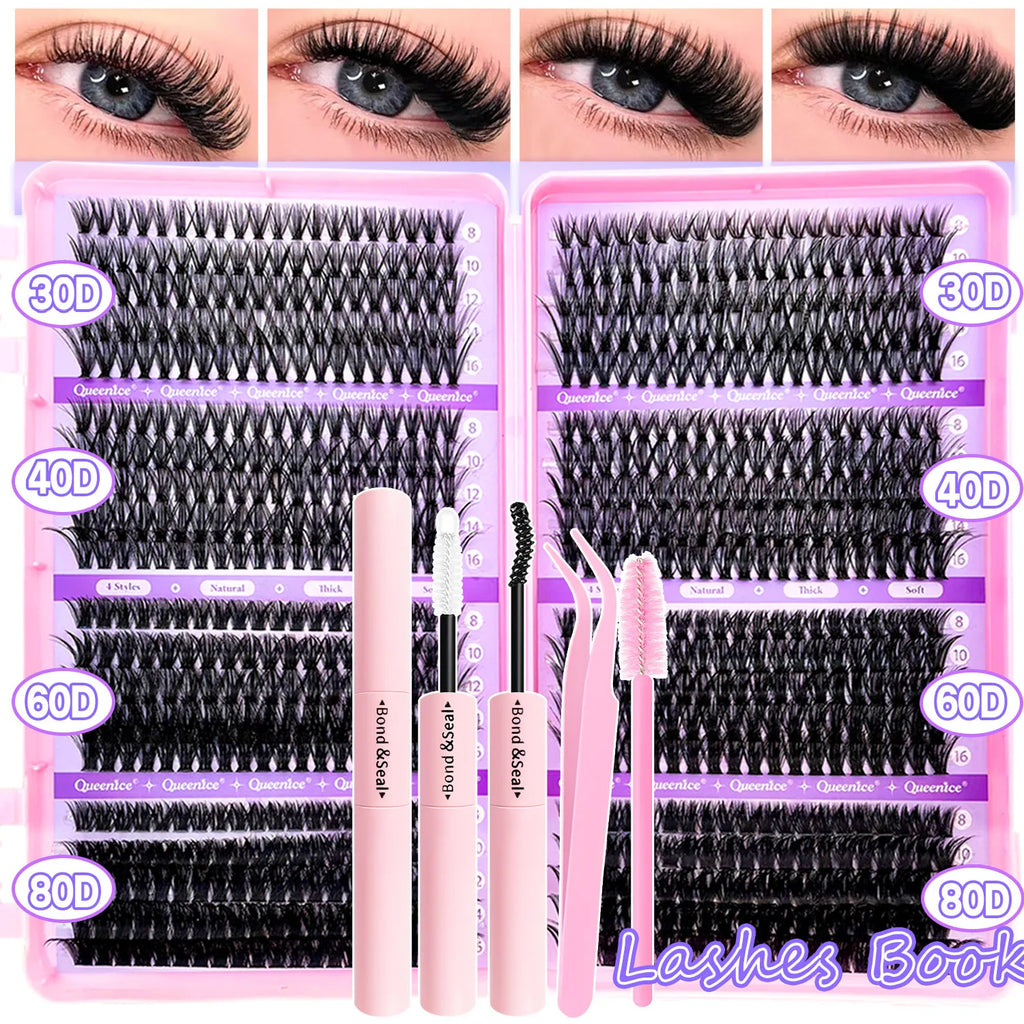 DIY Lash Extension Kit Clusters Individual Eyelashes Kit 9-16mm with Bond and Seal Wispy & Natural