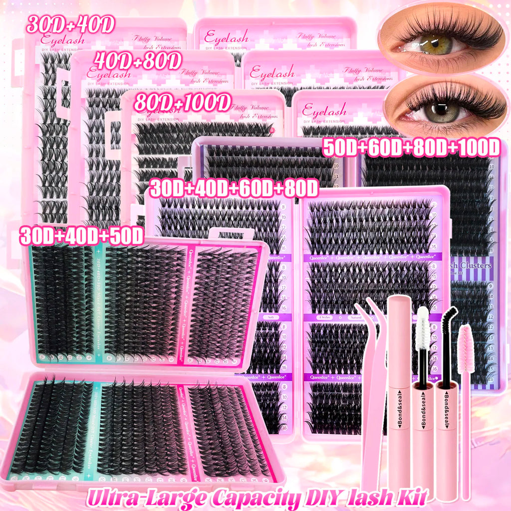 DIY Lash Extension Kit Clusters Individual Eyelashes Kit 9-16mm with Bond and Seal Wispy & Natural