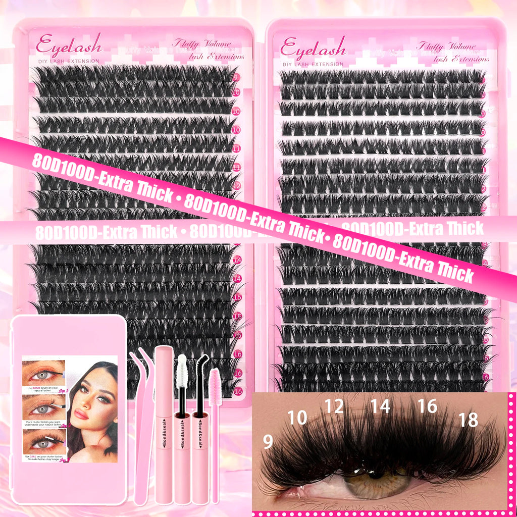 DIY Lash Extension Kit Clusters Individual Eyelashes Kit 9-16mm with Bond and Seal Wispy & Natural
