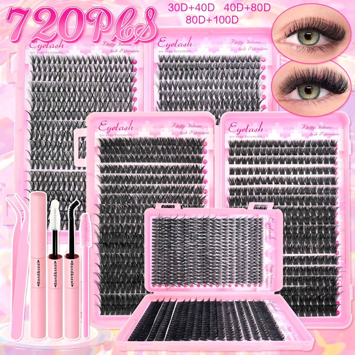 DIY Lash Extension Kit Clusters Individual Eyelashes Kit 9-16mm with Bond and Seal Wispy & Natural