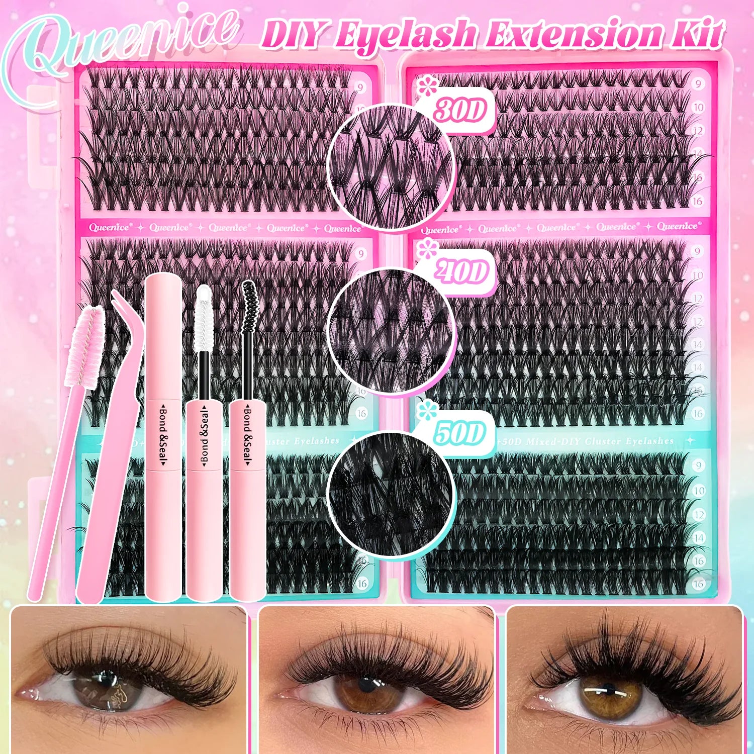 DIY Lash Extension Kit Clusters Individual Eyelashes Kit 9-16mm with Bond and Seal Wispy & Natural