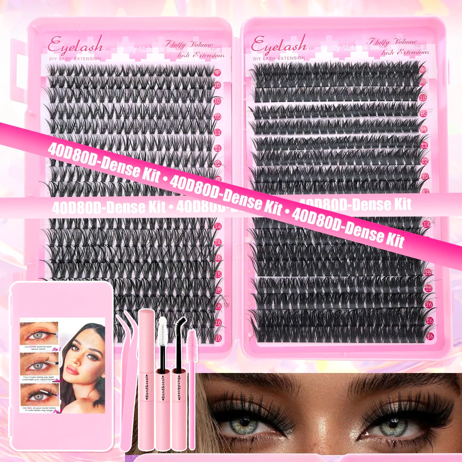 DIY Lash Extension Kit Clusters Individual Eyelashes Kit 9-16mm with Bond and Seal Wispy & Natural