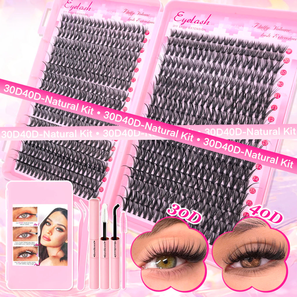 DIY Lash Extension Kit Clusters Individual Eyelashes Kit 9-16mm with Bond and Seal Wispy & Natural